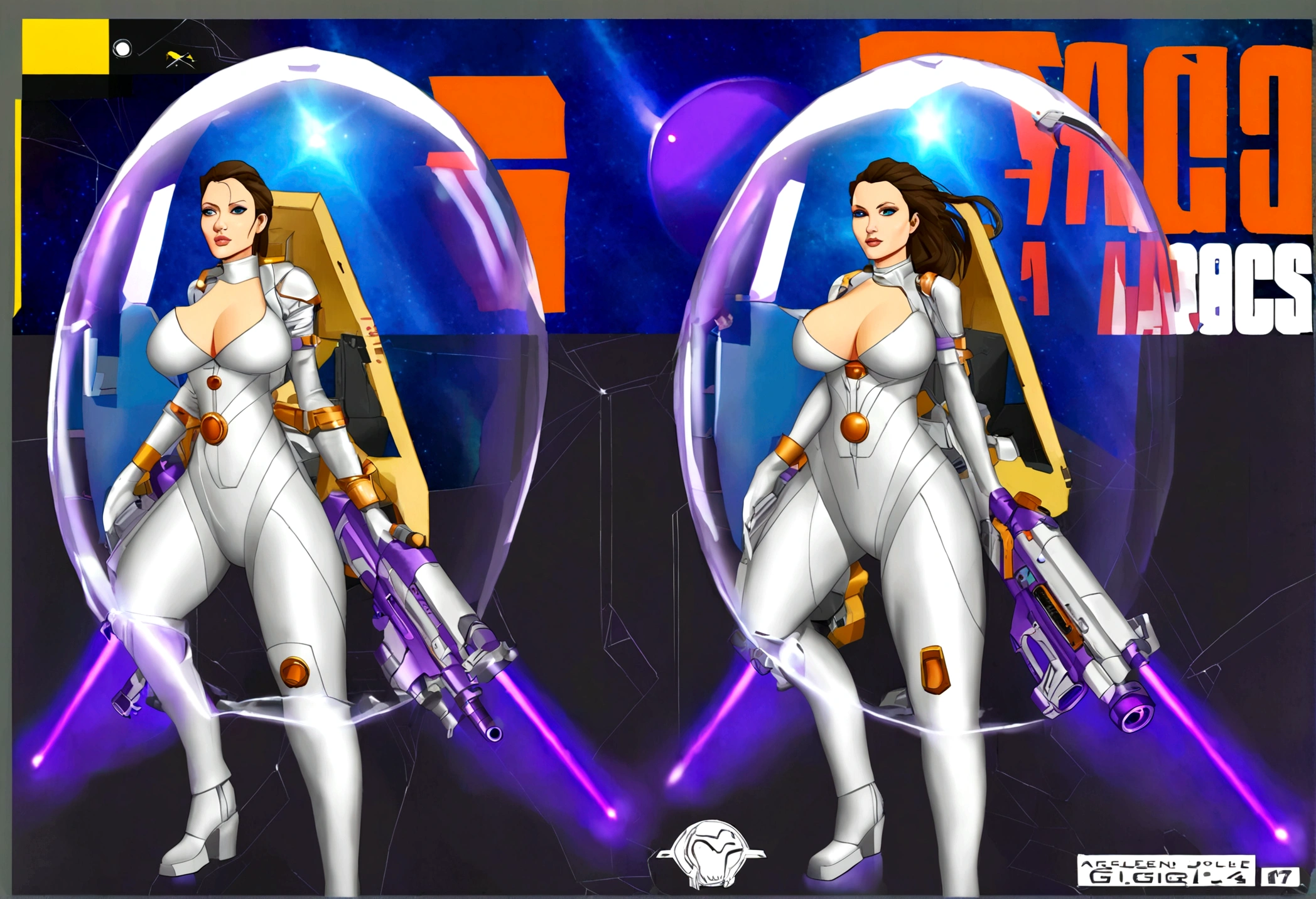 Angelina Jolie (age 25, giga busty, huge breasts, sexy violet clear plastic space suit, thruster pack, bubble dome, big laser rifle) is a scout in an asteroid field, attacked by fembots of the opposing faction (silver and red color scheme)
