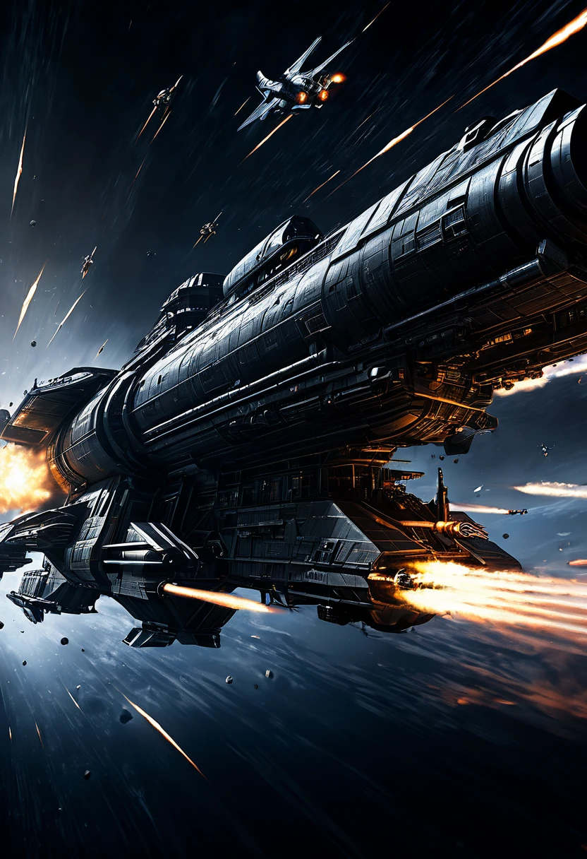 (((best quality))),(((ultra detailed))),(((masterpiece))),illustration,space battle,futuristic spacecrafts,sleek design,powerful cannon,determined pilots,battered ship,erratic weapon fire,dark background,flashes of weapons fire,engine trails,intense battle,hypnotic effect,survival stakes,excitement,tension,human ingenuity,exploration risks,sacrifices,raw power,indomitable spirit,unknown frontier