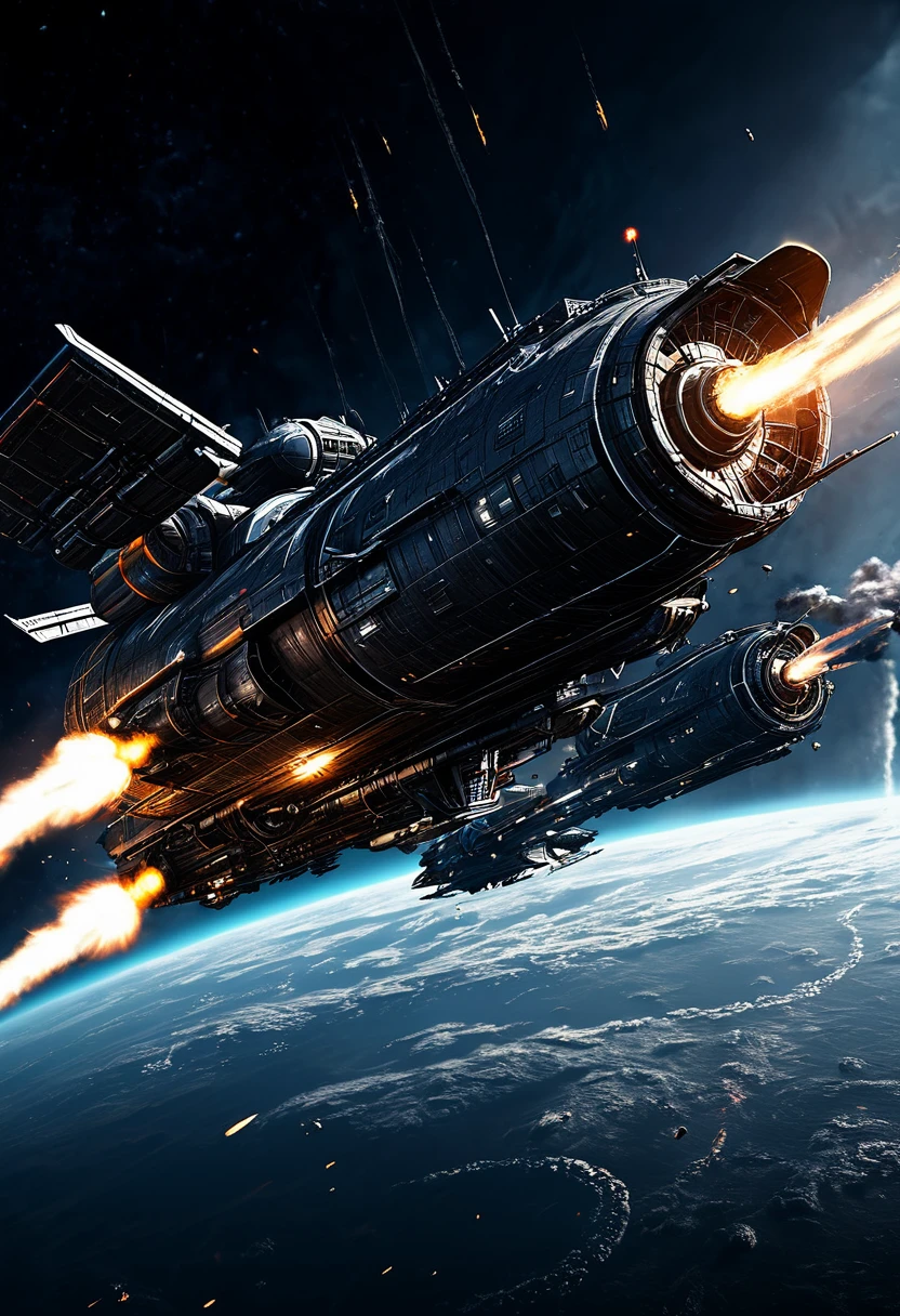 (((best quality))),(((ultra detailed))),(((masterpiece))),illustration,space battle,futuristic spacecrafts,sleek design,powerful cannon,determined pilots,battered ship,erratic weapon fire,dark background,flashes of weapons fire,engine trails,intense battle,hypnotic effect,survival stakes,excitement,tension,human ingenuity,exploration risks,sacrifices,raw power,indomitable spirit,unknown frontier