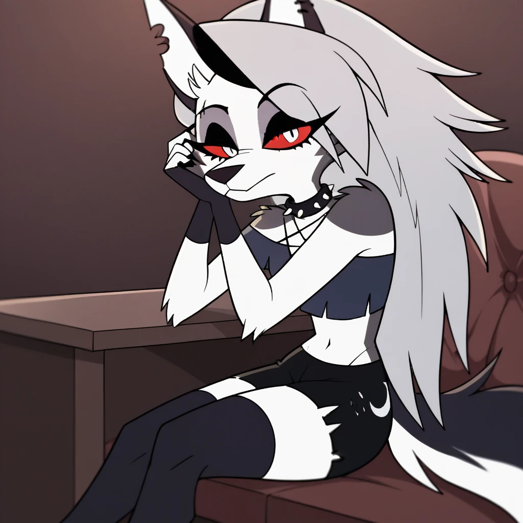 [char1="cute, small, solo,1girl((red sclera:1.3),(white eyes:1.3),(fur texture) (Loona:1.3), Loona(Helluva Boss), black highsocks, thin black shirt, hellhound, Anthro, furry, (hair over one eye:1.3), sharp teeth, looking the viewer, feet focus, one feet lays on the desk"], (char1 laying on a red sofa:1.4), ( one red's smartphone on the desk), (close smartphone shot:1.3),(wears spike's necklace). score_9, rating_questionable, masterpiece, best quality, perfect anatomy, very aesthetic ,absurdres. dark office's background, (flat color,no lineart:1.3), by hioshiru:0.3, dinamic, cel-shading, dark cel-shading, simple shading, lineless, flat color, vector art, color grading, crisp lines, 4k, 8k, high resolution, detailed, fine details, highly detailed, best quality. drammatic shot, extreme angle, 