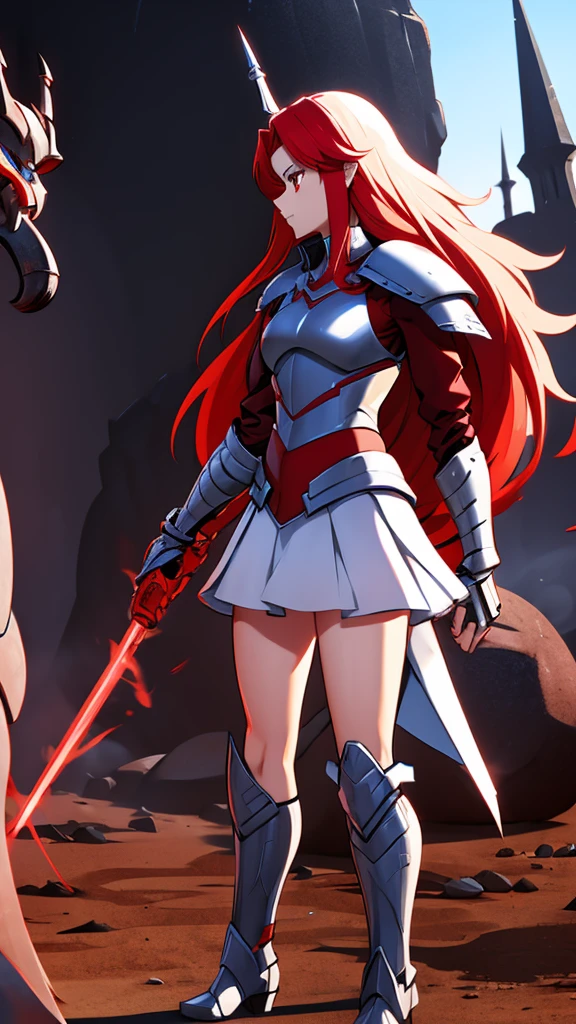  A sexy girl honest warrior long straight bright red hair her light red eye wears silver armor covered in a metal blue skirt long brown boot 