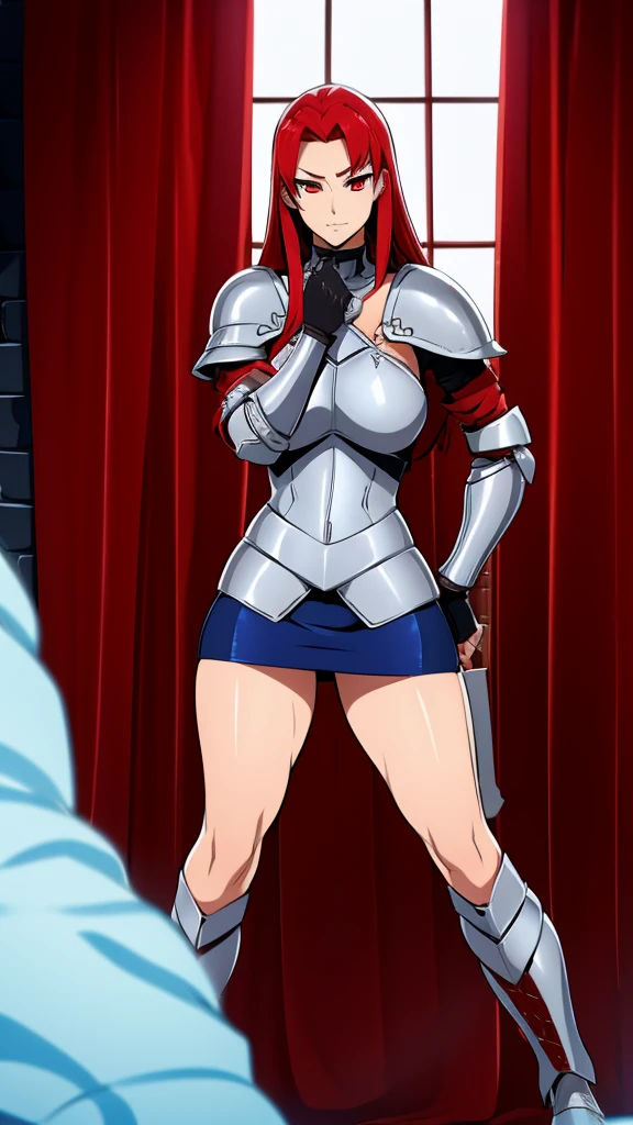  A sexy girl honest warrior long straight bright red hair her light red eye wears silver armor covered in a metal blue skirt long brown boot 