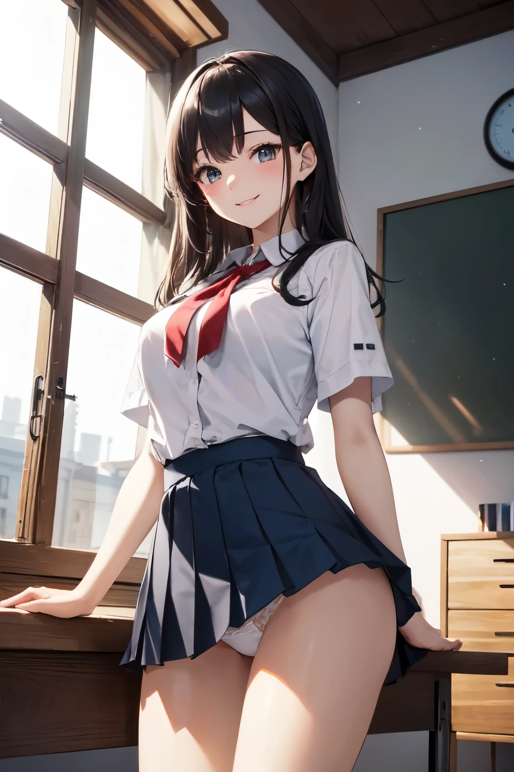 very cute and beautiful girl,(Very detailed美しい顔), (smile),blush,Black Hair,Seraphim,(Pleated navy blue mini skirt),Are standing,(From below),(Lacy white panties), Wooden classroom,window,Distant Tree々and the city, (Highest quality,masterpiece:1.0),Absurd,High resolution,Super detailed,Very detailed,32k,8K resolution, Intricate details,Movie Scenes,Detailed Background,alone,Dynamic Angle,