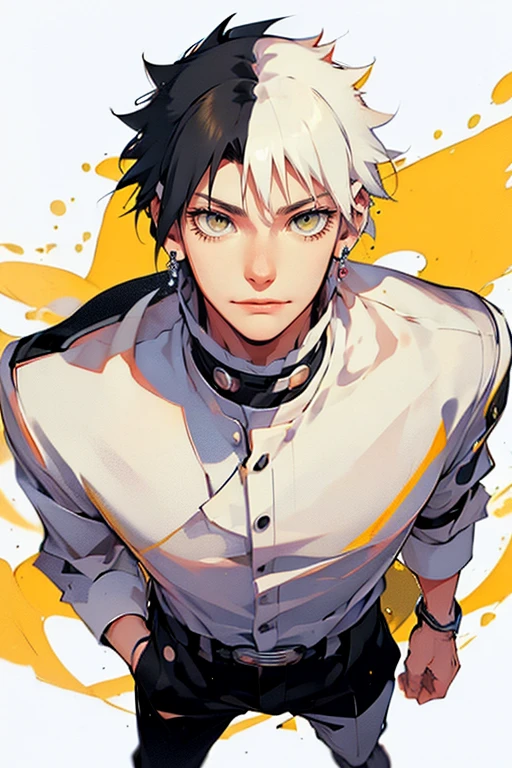 1 male (tall man, slim, manly, dominate,  half black colored-hair, half white colored- hair, yellow eyes, tough, wearing a sci-fi space outfit, has 1 earring.) best quality, ultra-detailed, illustration, complex, detailed, extremely detailed, detailed face, soft light, soft focus, perfect face, illustration: Full Body