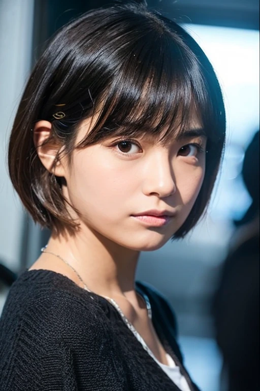 from front, short hair, closed mouth, round face, glaring,