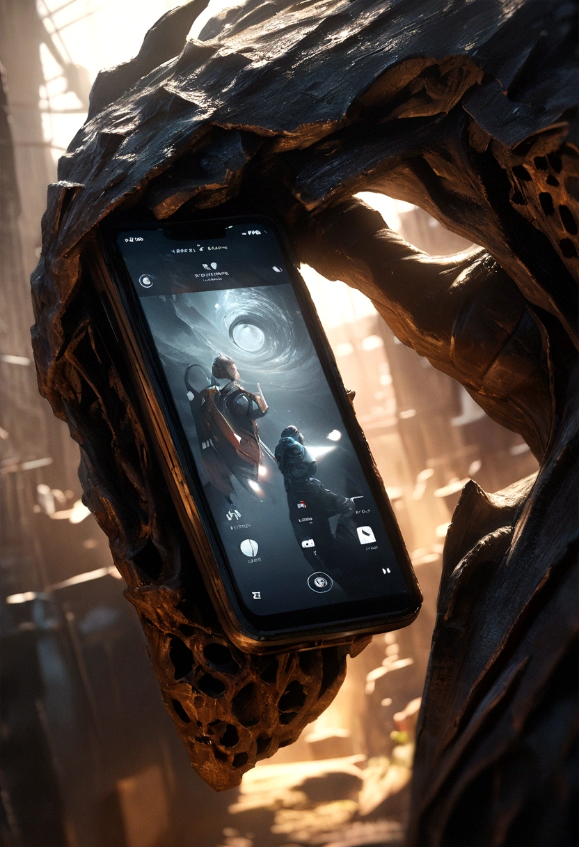 A high-end cell phone with a broken screen, with an attractive background, focus on the cell phone, illustration, soft lighting, soft details, realistic air, octane rendering, high definitionR, trend on Artstation, 4k, 8k, high definition