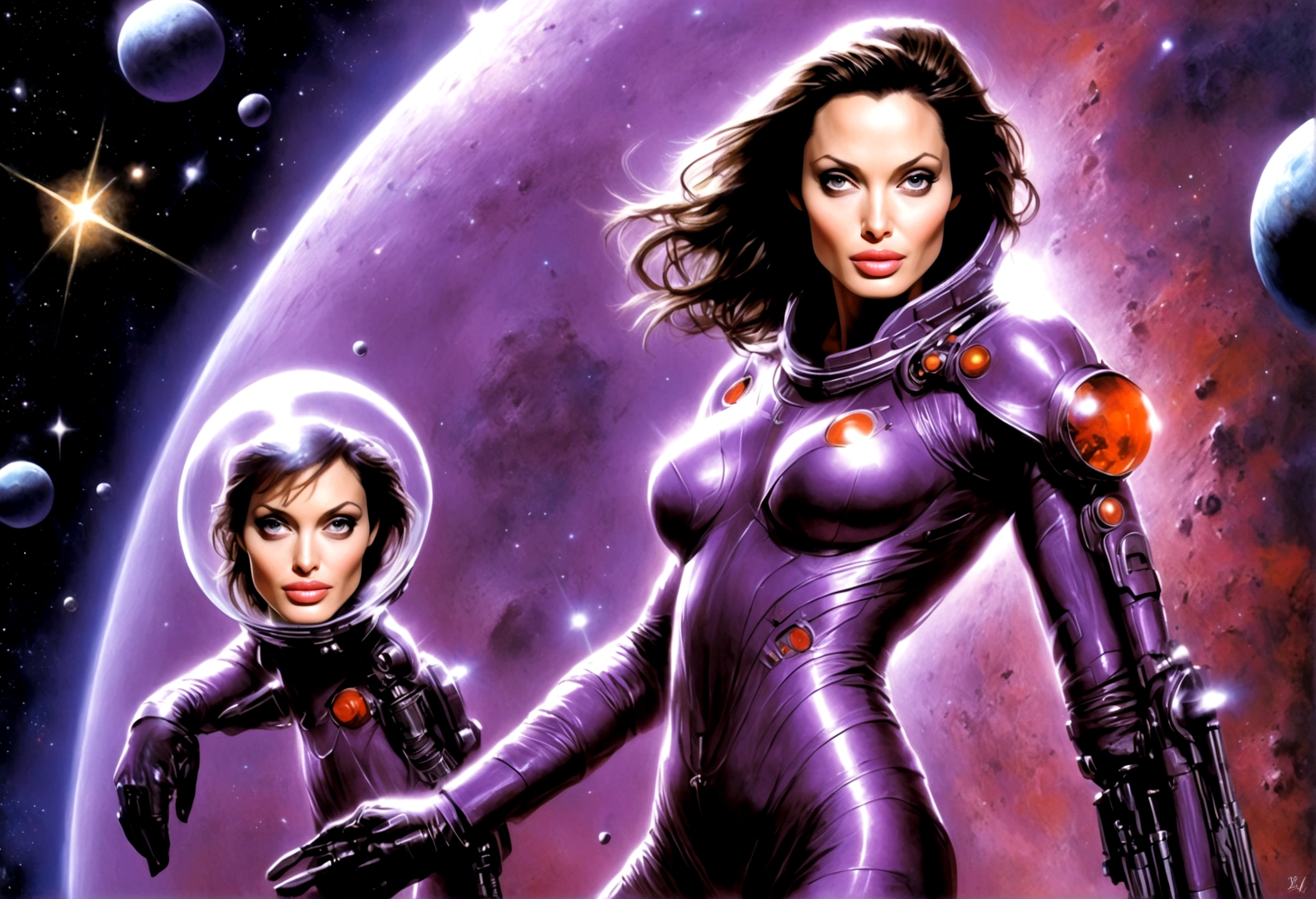 Angelina Jolie (age 25, giga busty, huge breasts, sexy violet clear plastic space suit, thruster pack, bubble dome, big laser rifle) is a scout in an asteroid field, attacked by fembots of the opposing faction (silver and red color scheme)