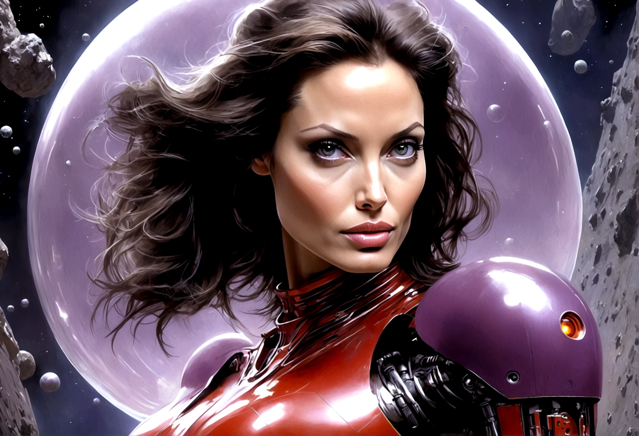 Angelina Jolie (age 25, giga busty, huge breasts, sexy violet clear plastic space suit, thruster pack, bubble dome, big laser rifle) is a scout in an asteroid field, attacked by fembots of the opposing faction (silver and red color scheme)