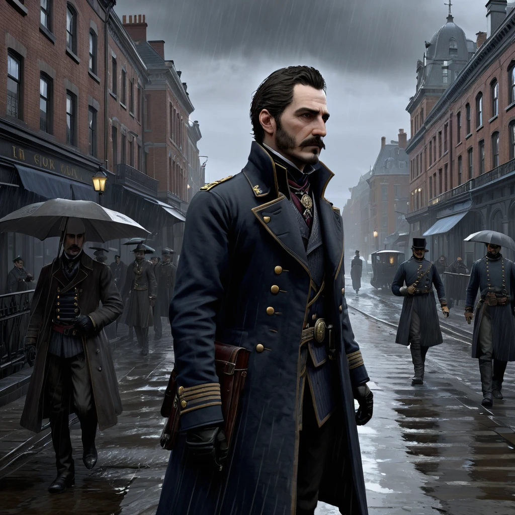 Game characters the order 1886, gloomy style, paisagem sombria,It rains heavily,Sir Galahad in overcoat