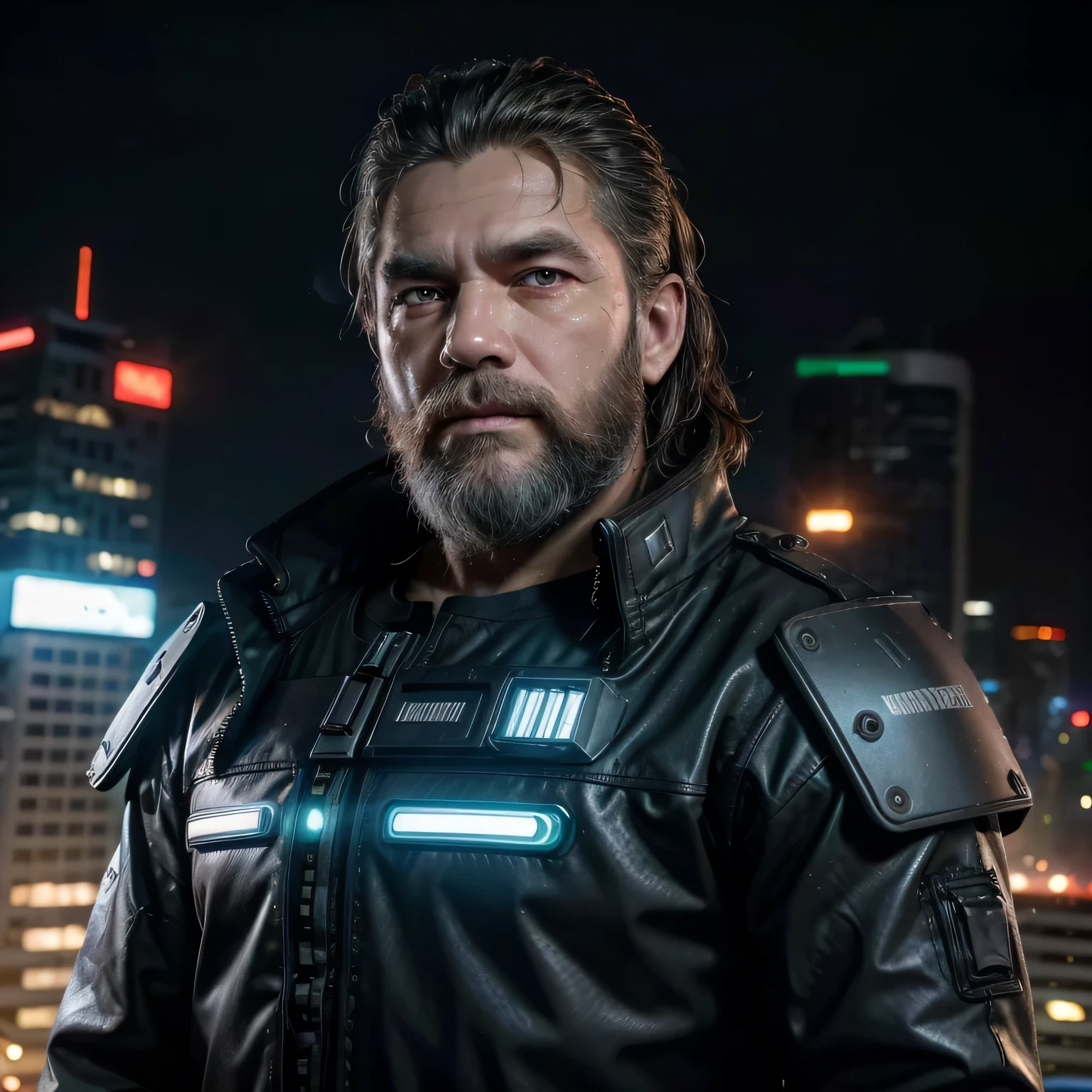 Front View, Centered,Ultra-realistic RAW portrait of a 50-year-old man with a large beard and short military-style hair, reimagined in a cyberpunk setting. He is wearing futuristic attire of a post-apocalyptic cyberpunk warrior. The scene takes place in a city with neon-lit skyscrapers in the background under a cloudy, rainy sky. The man has visible cybernetic enhancements on his body. The lighting should feature vibrant neon colors and dramatic contrasts to highlight the intricate details of your costume, the texture of your beard, and the futuristic environment. Photographed with a professional DSLR camera to capture fine details and depth.