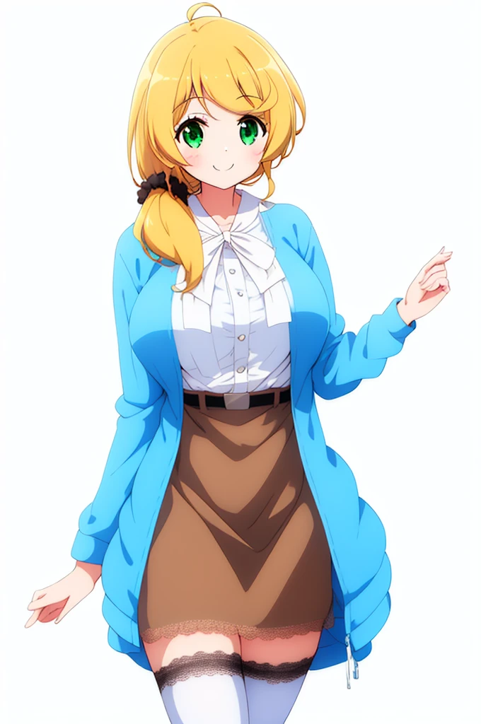 One girl, Cowboy Shot, classroom, smile, (teacher:1.4), 
Ellen_bakery, Green Eyes, Blonde, Long Hair, Hair Scrunchie, Big Breasts,Lace top stockings,Jacket, White shirt, Skirt best quality, masterpiece, High resolution, 