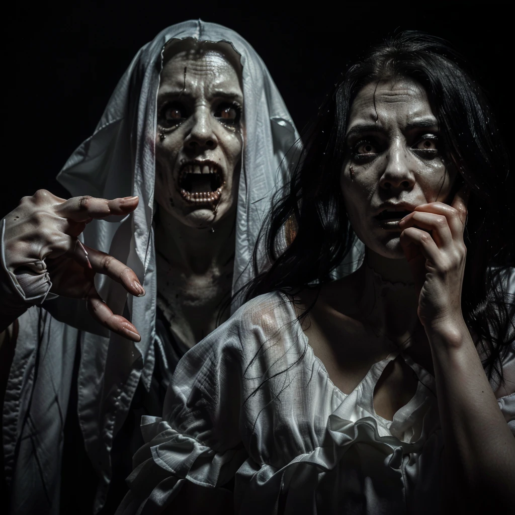 arafed woman in a white dress and a scary man in a black background, horror photo, scary picture, scary ghost, scaring, very scary photo, scary photo, haunted and sad expression, horror dramatic moment, horror image, scary pose, horror photography, haunted expression, haunted sad expression, scary, scary stories, horror movie scene, spiritual eerie creepy picture