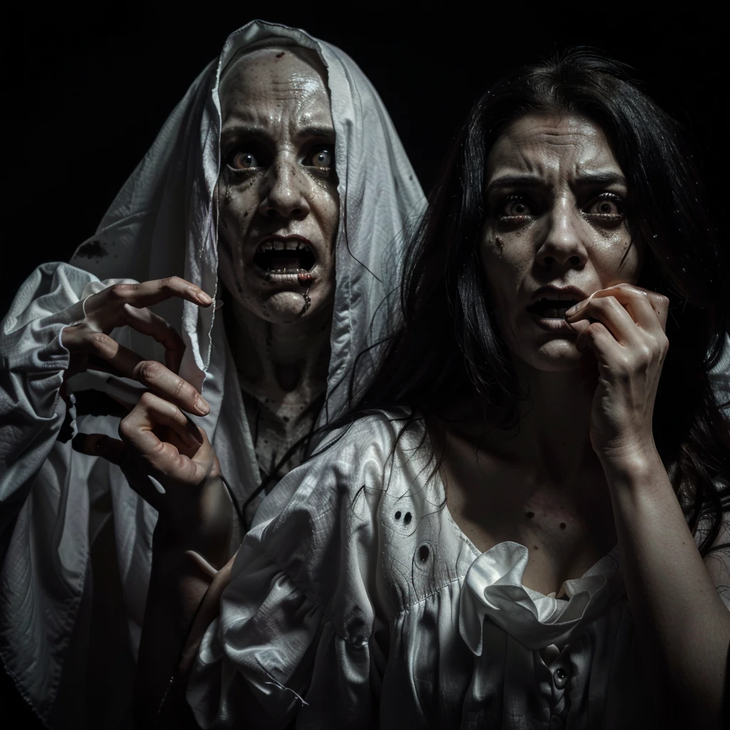 arafed woman in a white dress and a scary man in a black background, horror photo, scary picture, scary ghost, scaring, very scary photo, scary photo, haunted and sad expression, horror dramatic moment, horror image, scary pose, horror photography, haunted expression, haunted sad expression, scary, scary stories, horror movie scene, spiritual eerie creepy picture