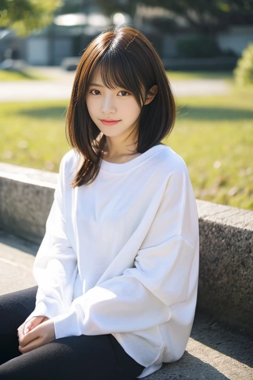 There is a woman sitting with her hair pulled back., White long sleeve T-shirt、shikamimi, Korean Girls, sakimichan, beautiful south Korean women, Korean women, Yoshitomo Nara, For whom?, harumi, Short hair, Park Jimin, Choi Hong-hwa, narumi kakinouchi、Short Hair、Loose and fluffy hair