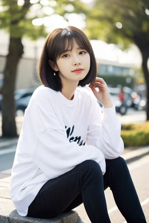 There is a woman sitting with her hair pulled back., White long sleeve T-shirt、shikamimi, Korean Girls, sakimichan, beautiful south Korean women, Korean women, Yoshitomo Nara, For whom?, harumi, Short hair, Park Jimin, Choi Hong-hwa, narumi kakinouchi、Short Hair、Loose and fluffy hair
