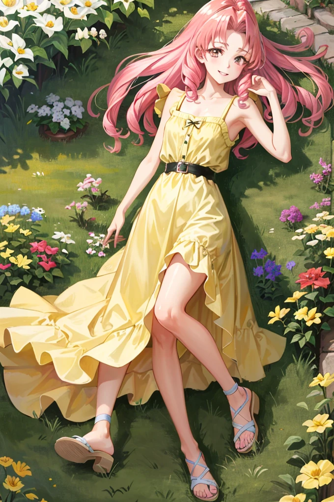 masterpiece, best quality, absurdres, perfect antomy, 1girl, solo, Akagi Towa, long hair, pink hair, parted bangs, lying, on back, outdoors, garden, flowers, sundress, yellow dress, smile