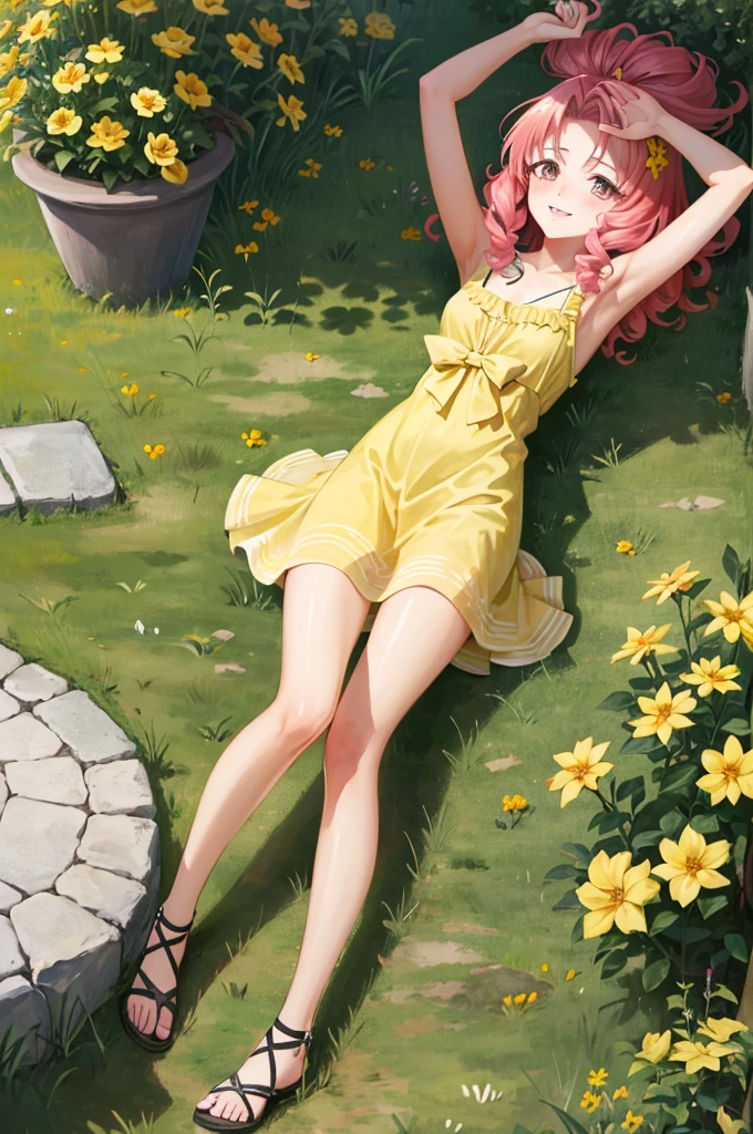 masterpiece, best quality, absurdres, perfect antomy, 1girl, solo, Akagi Towa, long hair, pink hair, parted bangs, lying, on back, outdoors, garden, flowers, sundress, yellow dress, smile