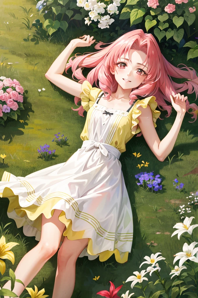 masterpiece, best quality, absurdres, perfect antomy, 1girl, solo, Akagi Towa, long hair, pink hair, parted bangs, lying, on back, outdoors, garden, flowers, sundress, yellow dress, smile