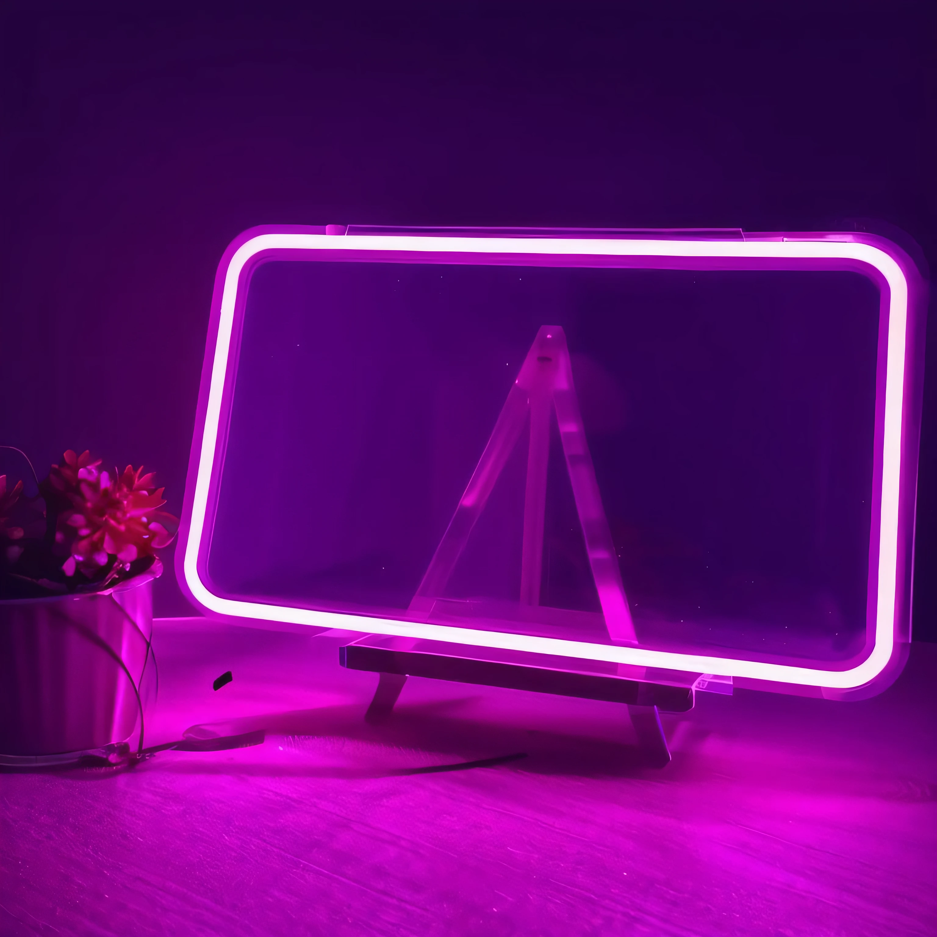 There is a small shelf with an acrylic transparent board on it. It is surrounded by pink light and there is a small plant next to it.