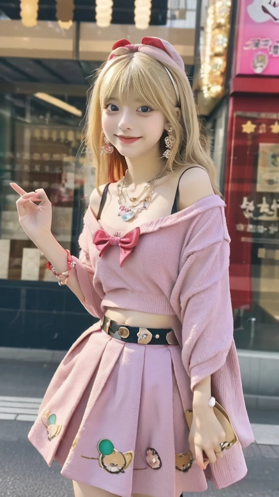 (Best image quality、Highest quality、Highest Resolution、masterpiece、detailed、Actual Photos)、blonde、Looking into the camera、Beautiful and cute smile、((Full Body Shot))、((Low Angle))、Skirt flip、earrings、necklace、ring、Navel piercing、(Quite small)、(Quite lean body)、Kyary Pamyu Pamyu costume、The Girl'Face、((Pink bag with stuffed toys:1.2))、((The location is downtown at night、In the crowd:1.3))