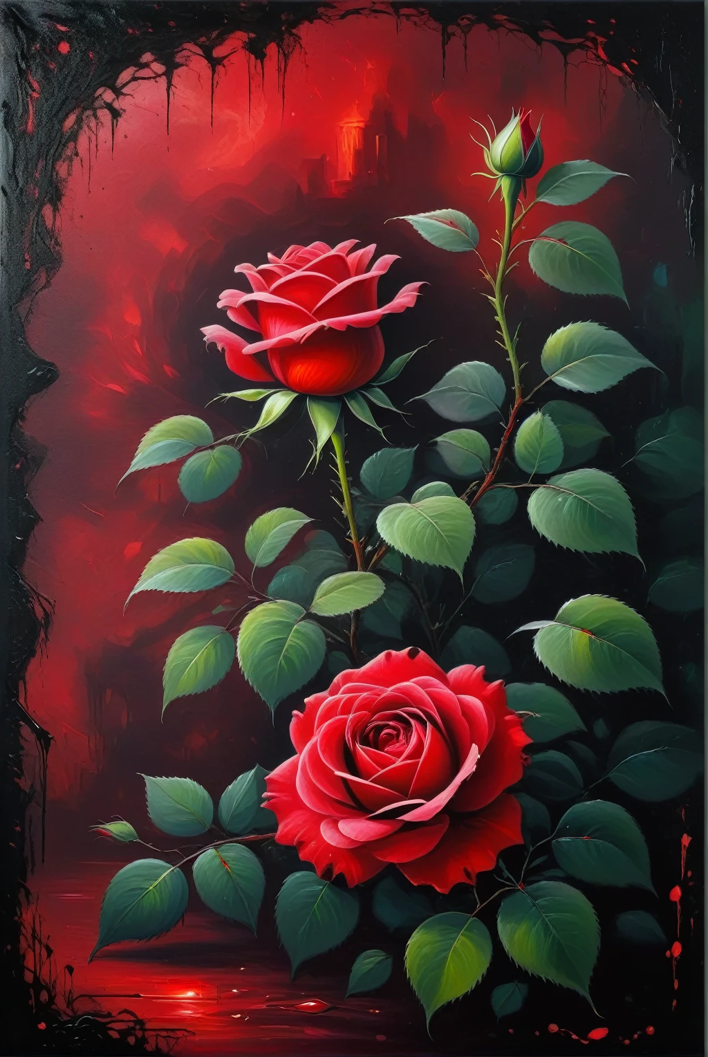 painting,A rose,Red rose,Mysterious background