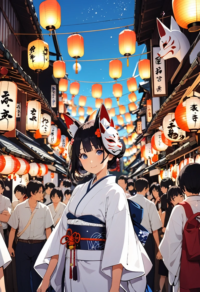 Japan Kawagoe Summer festival Bon dance scaffold Cool down Japan風 Lantern Fox Mask The girl in the white kimono and Flowers is in the center of the image.