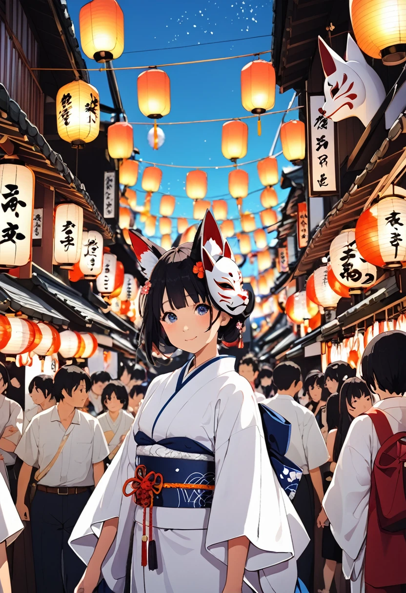 Japan　Kawagoe　Summer festival　Bon dance　scaffold　Cool down　Japan風　Lantern　Fox Mask　The girl in the white kimono and Flowers is in the center of the image.