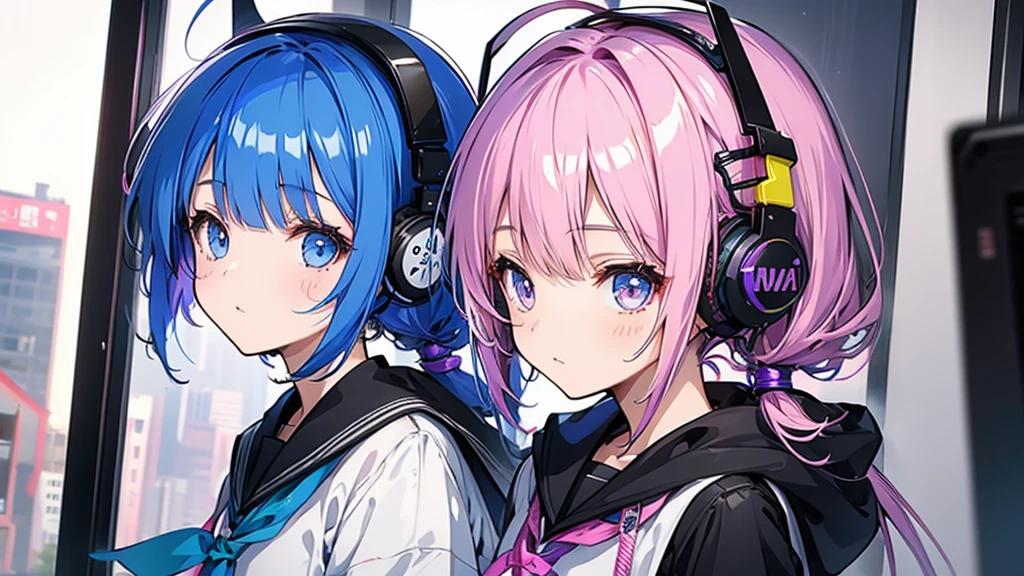 A girl wearing headphones at school。Colorful Hair。Twin tails。