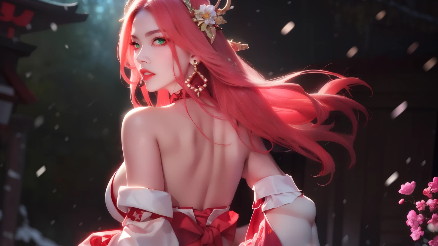 ((winter background)), ((Japan snowing forest background)), (((luminous background))), (turning back, (back shot), ass focus, brow front,:1.2), (Masterpiece, Excellent, 1girl, solo, complex details, color difference), realism, ((medium breath)), off-the-shoulders, big breasts, sexy, Yae Miko, long pink hair, red headdress, red highlight, hair above one eye, green eyes, earrings, sharp eyes, perfectly symmetrical figure, choker, neon shirt, open jacket, turtleneck sweater, graffiti, dim lighting, alley, looking at the audience, ((mean, seductive, charming)), tulle, bare shoulders, blooming flower fields, radiant skin, faint smile, sexy, bust, no breast cover, naked, cocked ass, tummy look