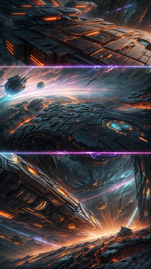 Epic sci-fi space battle scenes, alien spaceships, many small craft launching from large ships, phaser beams firing, attacking Earth's cities, people fleeing, dramatic lighting, cinematic angles, complex machinery, glowing energy fields, metallic textures, dramatic camera angles, epic scale, highly detailed, photorealistic, 8k, award-winning sci-fi concept art, moody color palette,