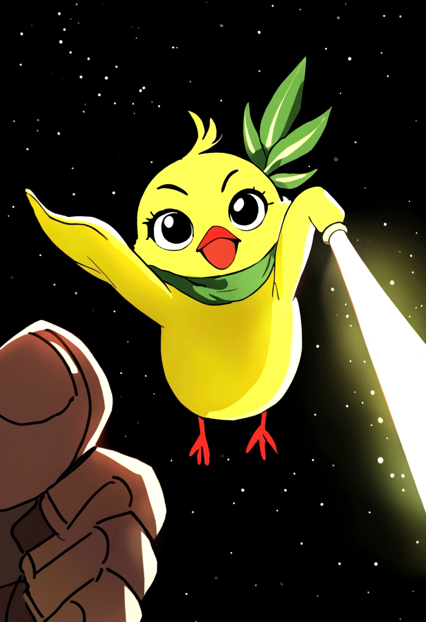 Cute little bird，Yellow body，Red Mouth，Simple Background，Cute expression、Real、The green onions shine, space、Holding a leek lightsaber in his hand、