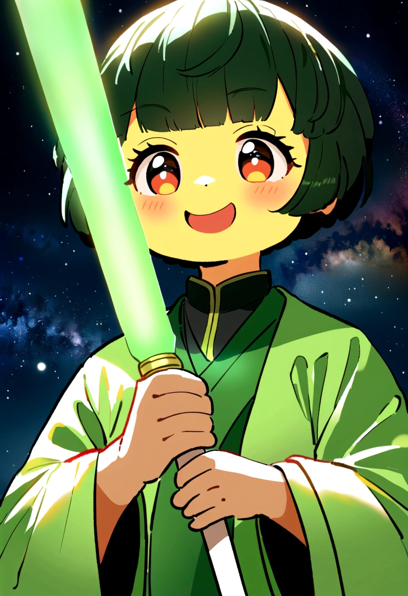 Cute little bird，Yellow body，Red Mouth，Simple Background，Cute expression、Real、The green onions shine, space、Holding a leek lightsaber in his hand、