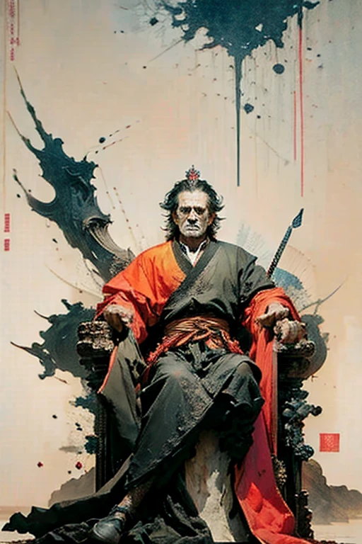 Masterpiece, Ultra-Detailed portrait, detailed illustration, high quality, high resolution 16k man in a crown sits on a throne with a sword, the great stokor king, lord of hell on the throne, The Medieval Old King, King Richard the Lionheart, the king of death, The King of Hell, Richard IV king of Rome, Sitting on the Iron Throne, Anato Finnstark!!, Robert De Niro as Medieval Joker, Jaime Lannister, cloud,colorful, ink