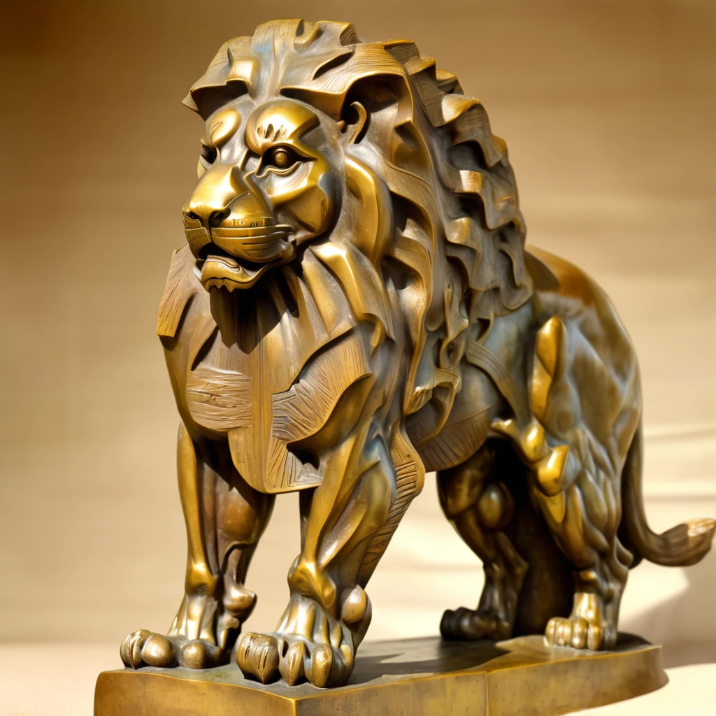Lion sculpture in bronze by Szukalski,standing,gazing at viewer,standing alone,whole body,, (work of art, best qualityer, high qualiy, high resolution, ultra detali),