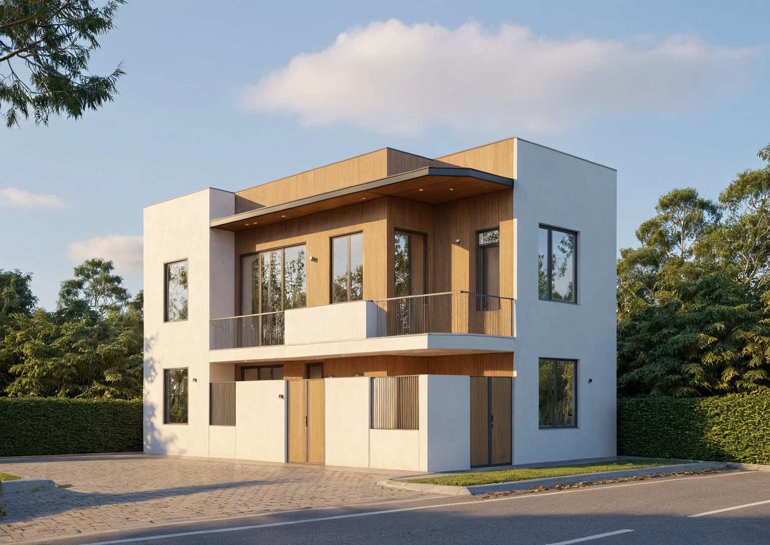 Raw photo,Masterpiece, high quality, best quality, authentic, super detail,
exterior, outdoors, house style modern on the street, glass windows, gate, wooden ceiling,
road,pavement, trees, sky, cloud, (daylight:1.1)