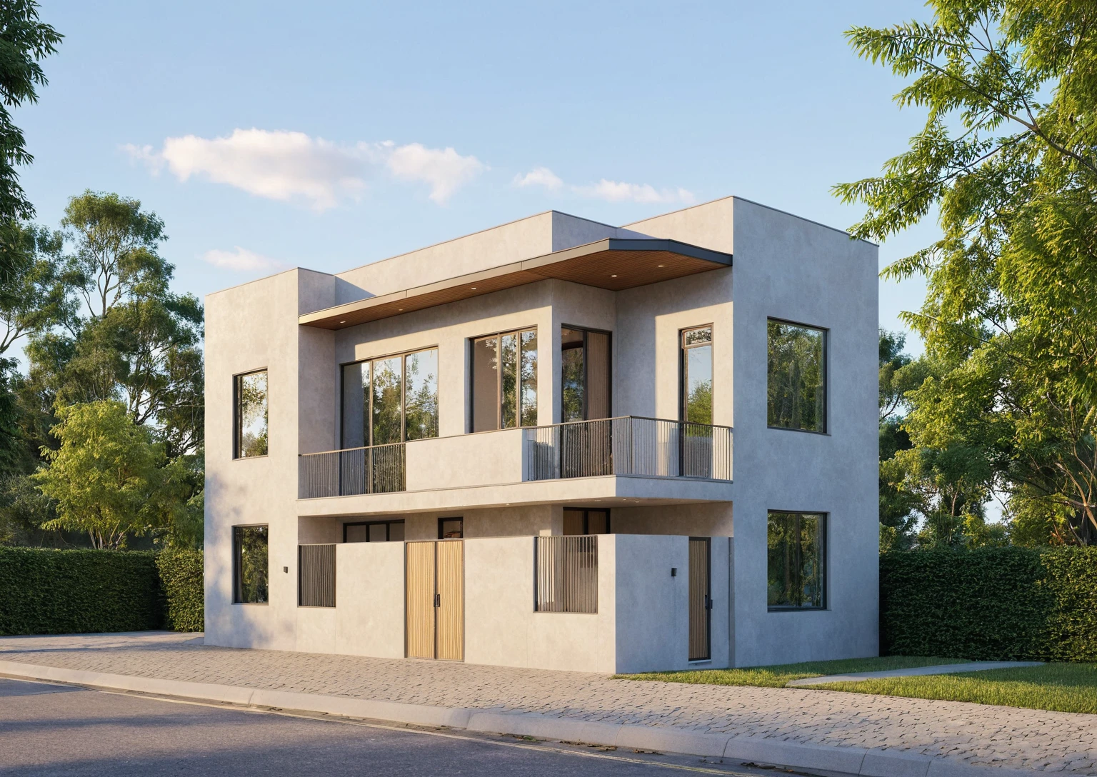 Raw photo,Masterpiece, high quality, best quality, authentic, super detail,
exterior, outdoors, house style modern on the street, glass windows, gate, wooden ceiling,
road,pavement, trees, sky, cloud, (daylight:1.1)