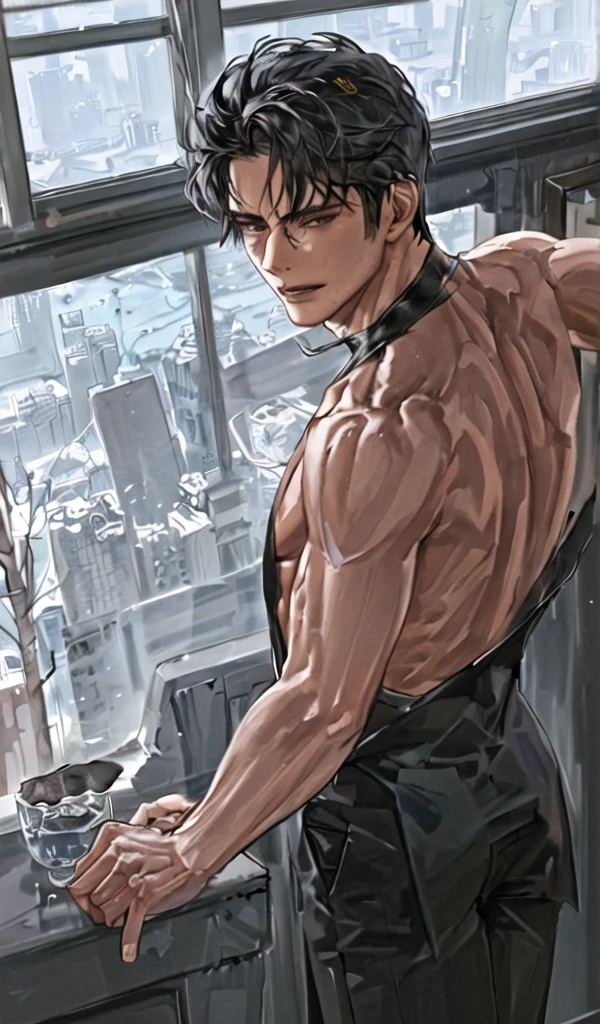 Muscular, toned physique; Short, styled dark hair; Handsome facial features; Fair skinClothing: Dark gray dress slacks, no shirt, stands shirtless by the window, admiring the city skyline as the morning sun glints off the glass towers, close up face 