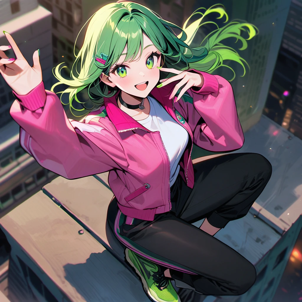 (well done: 1) woman, shoulder-length, slightly wavy green hair with green tips, green barrette in her hair, green eyes, black choker, green and pink nails, white shirt, pink jacket with green details, black pants, green sneakers.   sitting on top of a building.