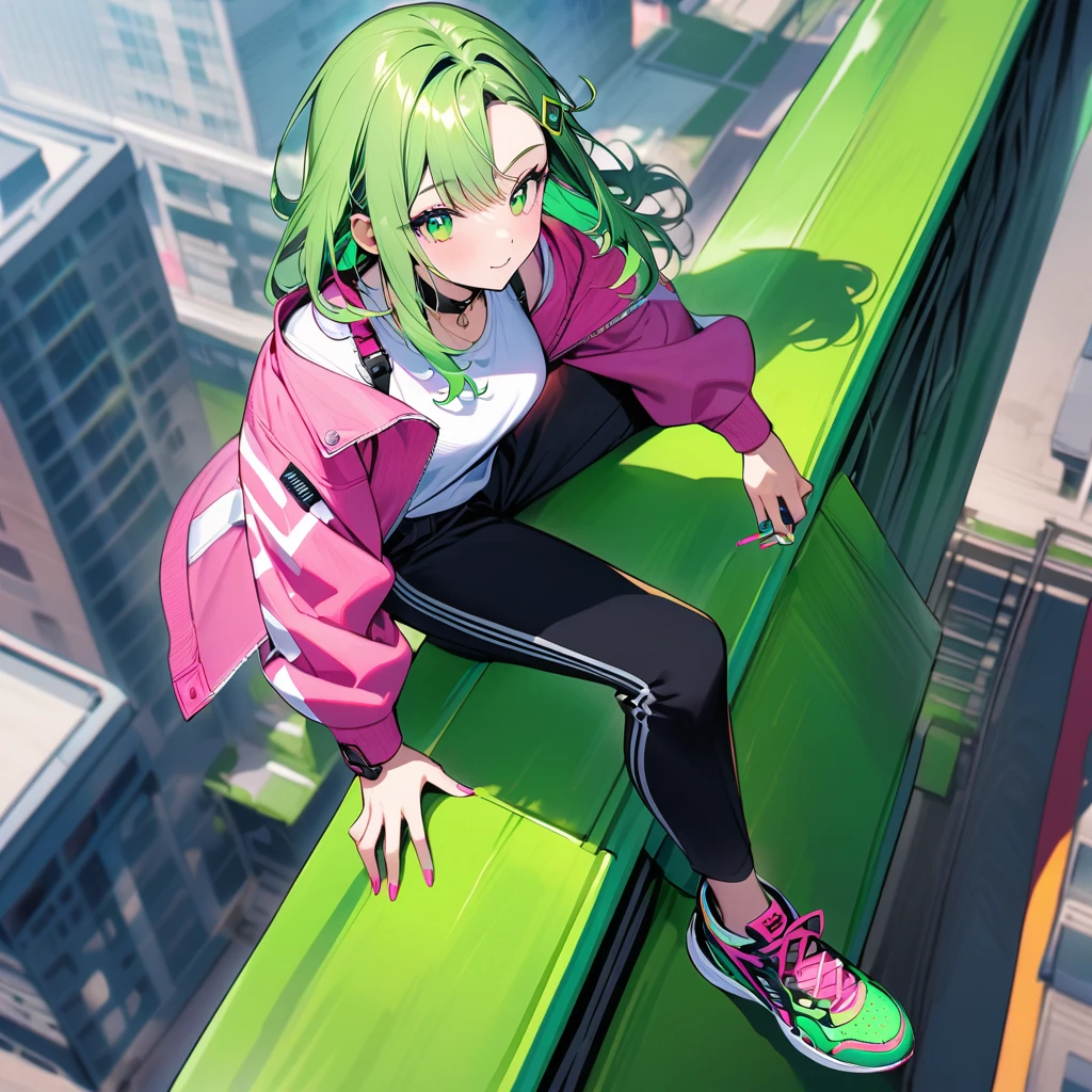 (well done: 1) woman, shoulder-length, slightly wavy green hair with green tips, green barrette in her hair, green eyes, black choker, green and pink nails, white shirt, pink jacket with green details, black pants, green sneakers.   sitting on top of a building.