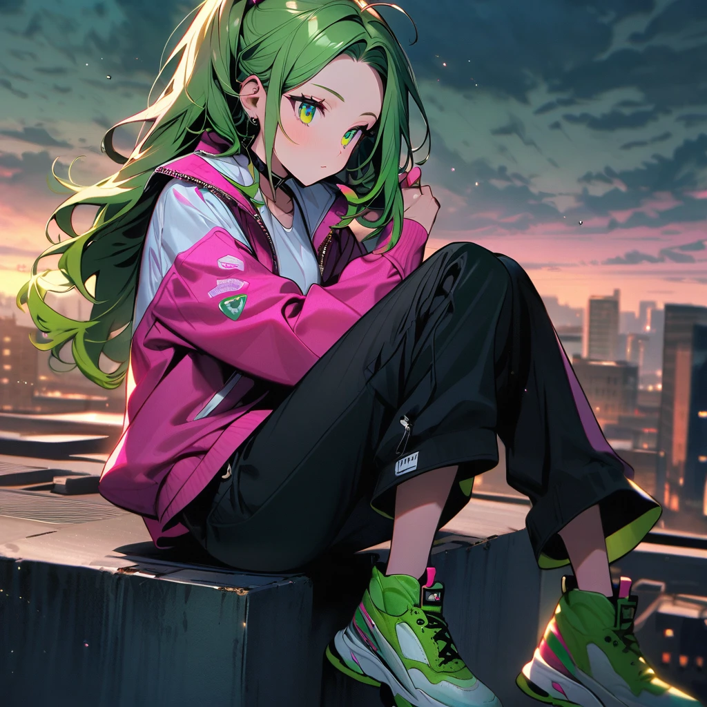 (well done: 1) woman, shoulder-length, slightly wavy green hair with green tips, green barrette in her hair, green eyes, black choker, green and pink nails, white shirt, pink jacket with green details, black pants, green sneakers.   sitting on top of a building.