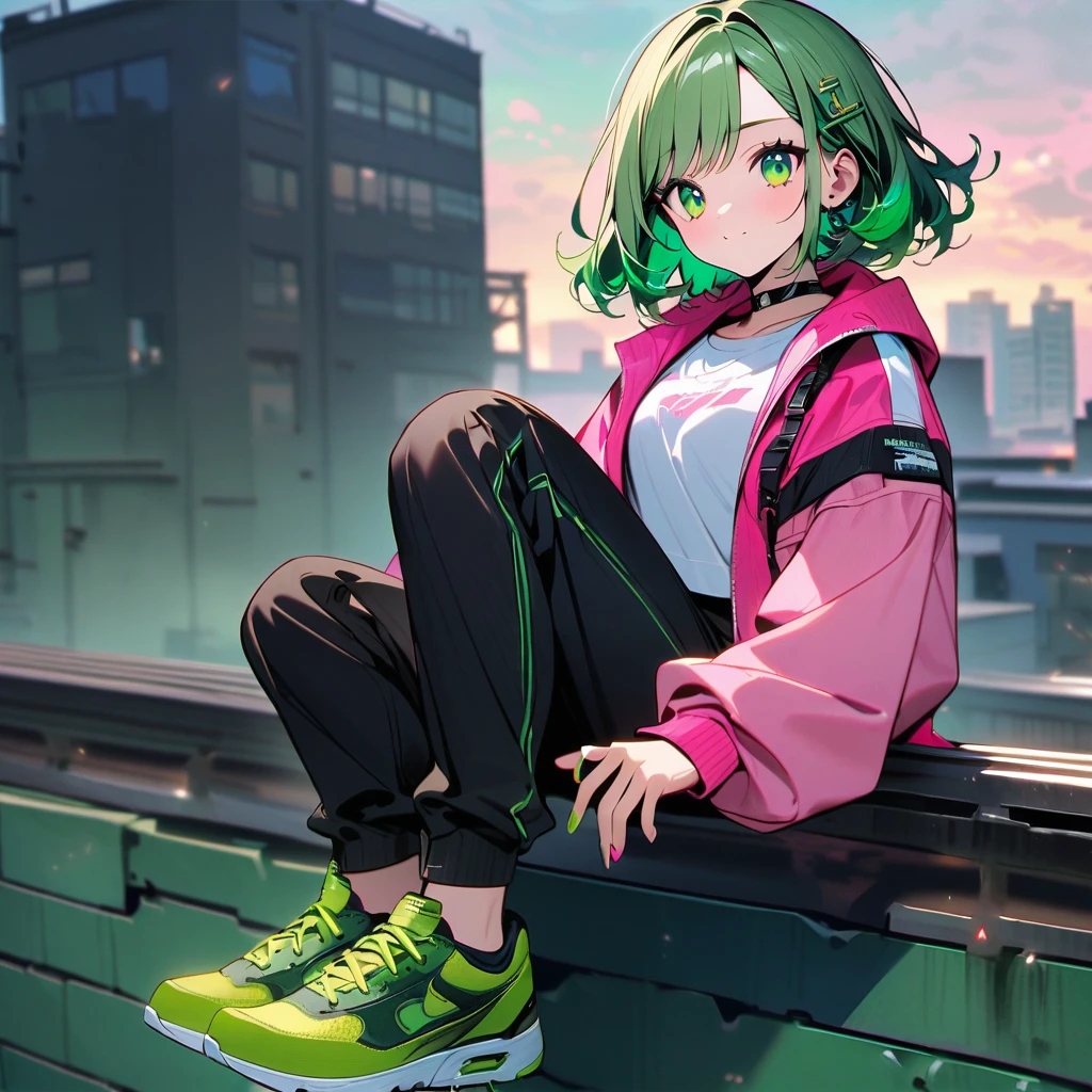 (well done: 1) woman, shoulder-length, slightly wavy green hair with green tips, green barrette in her hair, green eyes, black choker, green and pink nails, white shirt, pink jacket with green details, black pants, green sneakers.   sitting on top of a building.