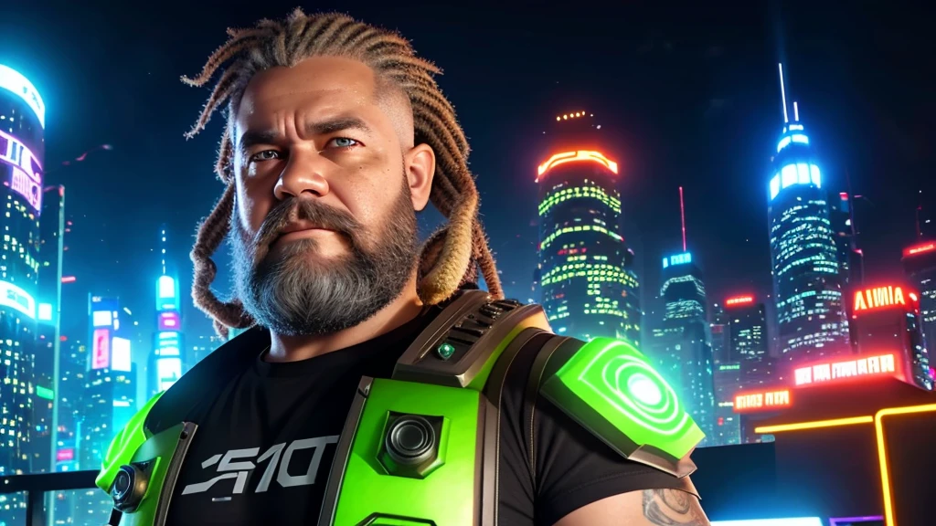 Front View, Centered,Ultra-realistic RAW portrait of a 50-year-old man with a large beard and rock metal style hair, reimagined in a cyberpunk setting. He is wearing futuristic attire of a post-apocalyptic cyberpunk warrior. The scene takes place in a city with neon-lit skyscrapers in the background under a cloudy, rainy sky. The man has visible cybernetic enhancements on his body. The lighting should feature vibrant neon colors and dramatic contrasts to highlight the intricate details of your costume, the texture of your beard, and the futuristic environment. Photographed with a professional DSLR camera to capture fine details and depth.