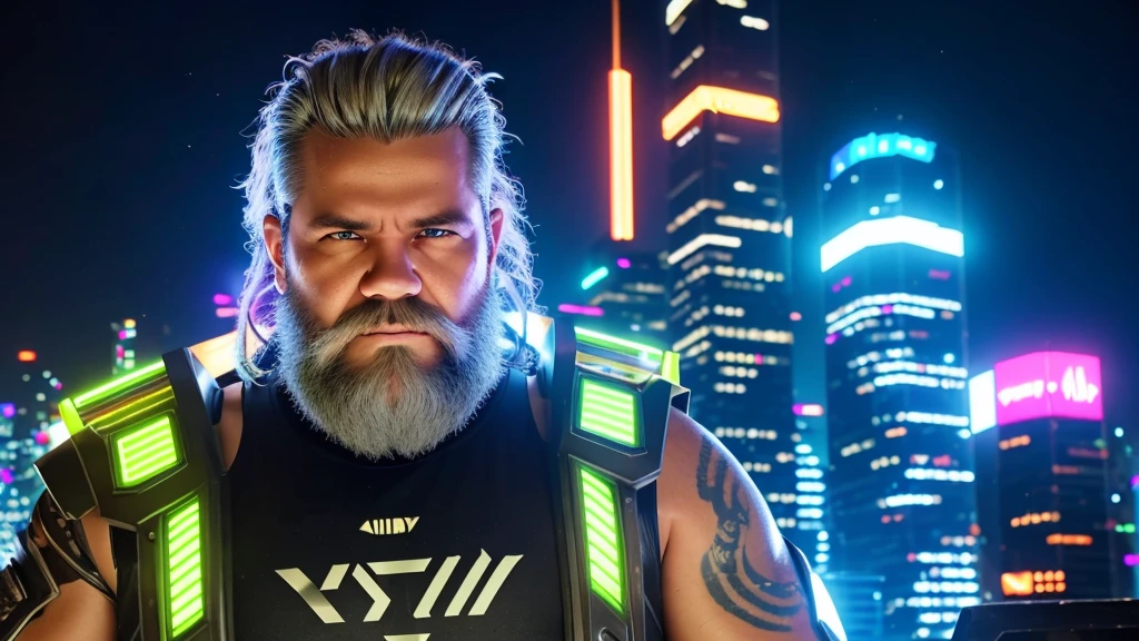 Front View, Centered,Ultra-realistic RAW portrait of a 50-year-old man with a large beard and rock metal style hair, reimagined in a cyberpunk setting. He is wearing futuristic attire of a post-apocalyptic cyberpunk warrior. The scene takes place in a city with neon-lit skyscrapers in the background under a cloudy, rainy sky. The man has visible cybernetic enhancements on his body. The lighting should feature vibrant neon colors and dramatic contrasts to highlight the intricate details of your costume, the texture of your beard, and the futuristic environment. Photographed with a professional DSLR camera to capture fine details and depth.