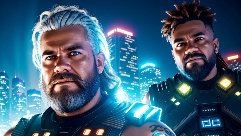 Front View, Centered,Ultra-realistic RAW portrait of a 50-year-old man with a large beard and rock metal style hair, reimagined in a cyberpunk setting. He is wearing futuristic attire of a post-apocalyptic cyberpunk warrior. The scene takes place in a city with neon-lit skyscrapers in the background under a cloudy, rainy sky. The man has visible cybernetic enhancements on his body. The lighting should feature vibrant neon colors and dramatic contrasts to highlight the intricate details of your costume, the texture of your beard, and the futuristic environment. Photographed with a professional DSLR camera to capture fine details and depth.