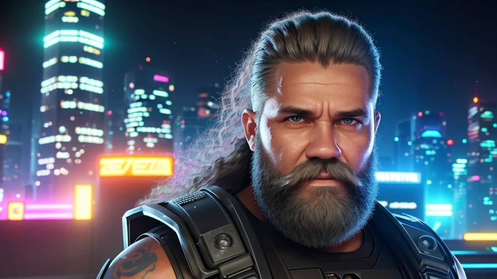 Front View, Centered,Ultra-realistic RAW portrait of a 50-year-old man with a large beard and rock metal style hair, reimagined in a cyberpunk setting. He is wearing futuristic attire of a post-apocalyptic cyberpunk warrior. The scene takes place in a city with neon-lit skyscrapers in the background under a cloudy, rainy sky. The man has visible cybernetic enhancements on his body. The lighting should feature vibrant neon colors and dramatic contrasts to highlight the intricate details of your costume, the texture of your beard, and the futuristic environment. Photographed with a professional DSLR camera to capture fine details and depth.