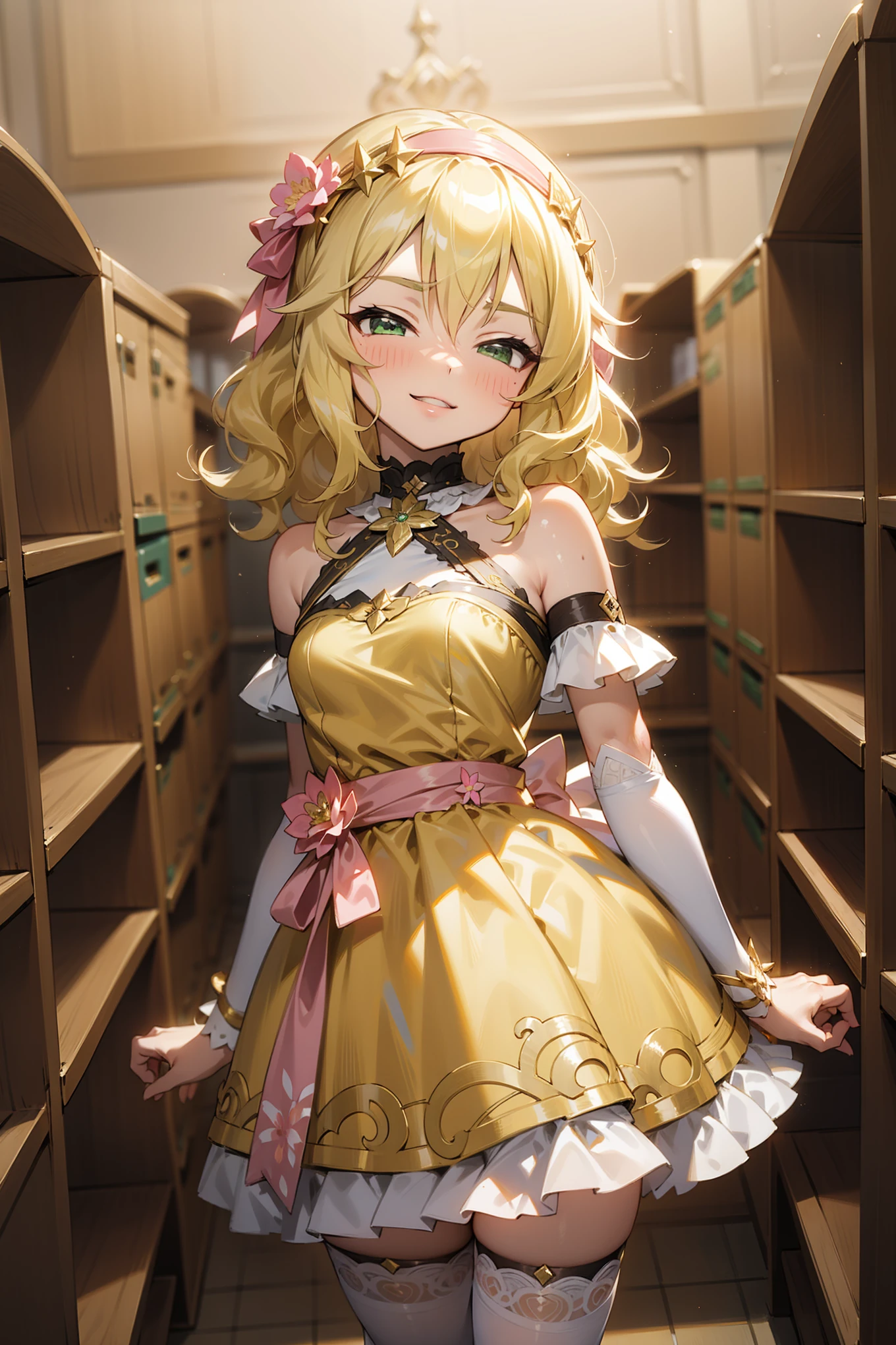 masterpiece,best quality, ultra-detailed,1girl(sakurai momoka, lovely small breasts, wavy hair,blonde hair, headband, pink flower in hair,green eyes, half-closed eyes), evil face, smirk, parted lips,
facing viewer , looking at viewer, solo, gold dress(ornate dress),, bare shoulders, frill, white lace thighhighs, in the locker room, standing, Sexy waist teasing,