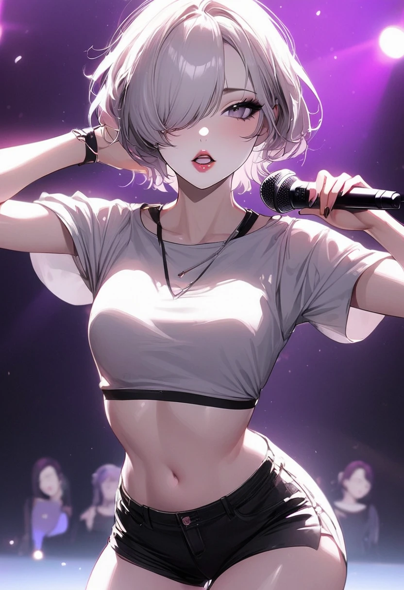 Girl, K-pop, idol, singing, stage, purple lights, beautiful, ethereal, Korean, hot, girl crush concept, pale skin, defined lips, curves, face focus, wink, korean, albino, gray eyes, crop top, shorts, slim, pretty, delicate, sexy, seductive, microphone, playful, solo, (Hair Over One Eye), short hair, feminine, lipgloss