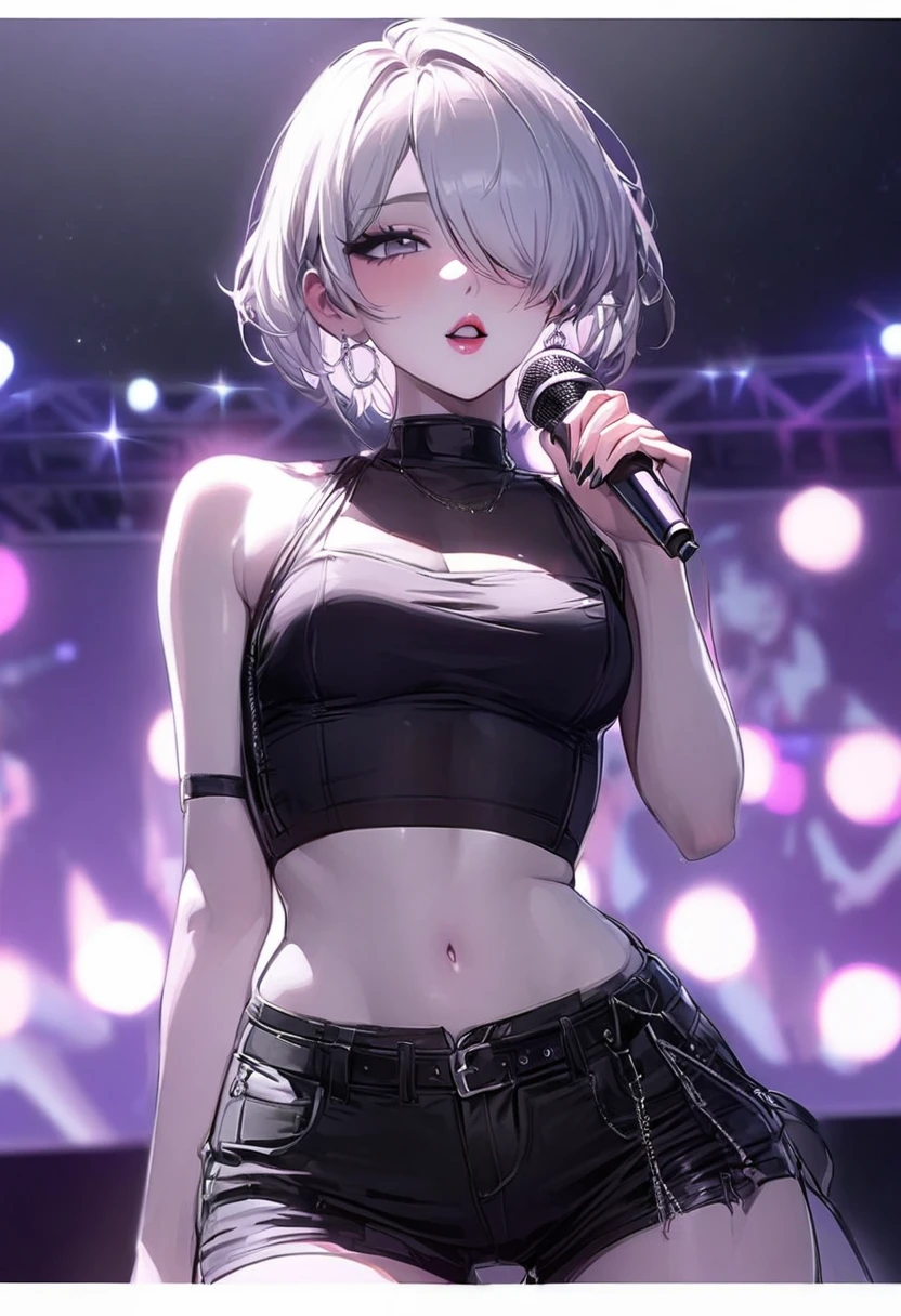 Girl, K-pop, idol, singing, stage, purple lights, beautiful, ethereal, Korean, hot, girl crush concept, pale skin, defined lips, curves, face focus, wink, korean, albino, gray eyes, crop top, shorts, slim, pretty, delicate, sexy, seductive, microphone, playful, solo, (Hair Over One Eye), short hair, feminine, lipgloss