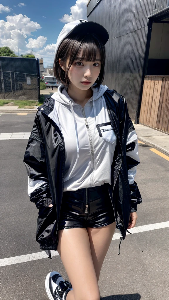 Masterpiece, 8K, award-winning photos, photorealistic, realistic, ultra detailed, ultra high definition, ray tracung, _ the most beautiful, Gravure quality for high-end fashion magazines, 22 years old ,(sexy,Japanese idol, gray hair, short hair),shiny skin , detailed skin , detailed face , perfect anatomy, 1girl
_
BREAK (droopy eyes, Natural makeup:1.2),light color, crying a little, Harajuku style, huge breasts, 
_
glowing blue eyes, tan skin,
_
BREAK (black and White theme:1.4), (oversized and baggy black outerwear:1.3), (fusion of black windbreaker and White hoodie:1.4), (black Nylon:1.4), ((zipper, large pocket):1.3), BREAK (black and white :1.2), (black platform high-cut sneakers:1.2),(Black leather short pants),(baseball cap),
 Inorganic concrete studio with windows, highly detailed background, , ultra-realistic textures, dramatic lighting ,raw photo, _(dutch angle and curtsey ,on side:1.2), looking at viewer,