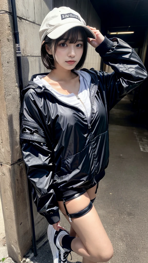 Masterpiece, 8K, award-winning photos, photorealistic, realistic, ultra detailed, ultra high definition, ray tracung, _ the most beautiful, Gravure quality for high-end fashion magazines, 22 years old ,(sexy,Japanese idol, gray hair, short hair),shiny skin , detailed skin , detailed face , perfect ???????, 1girl
_
BREAK (droopy eyes, Natural makeup:1.2),light color, crying a little, Harajuku style, huge breasts, 
_
glowing blue eyes, tan skin,
_
BREAK (black and White theme:1.4), (oversized and baggy black outerwear:1.3), (fusion of black windbreaker and White hoodie:1.4), (black Nylon:1.4), ((zipper, large pocket):1.3), BREAK (black and white :1.2), (black platform high-cut sneakers:1.2),(Black leather short pants),(baseball cap),
 Inorganic concrete studio with windows, highly detailed background, , ultra-realistic textures, dramatic lighting ,raw photo, _(dutch angle and curtsey ,on side:1.2), looking at viewer,